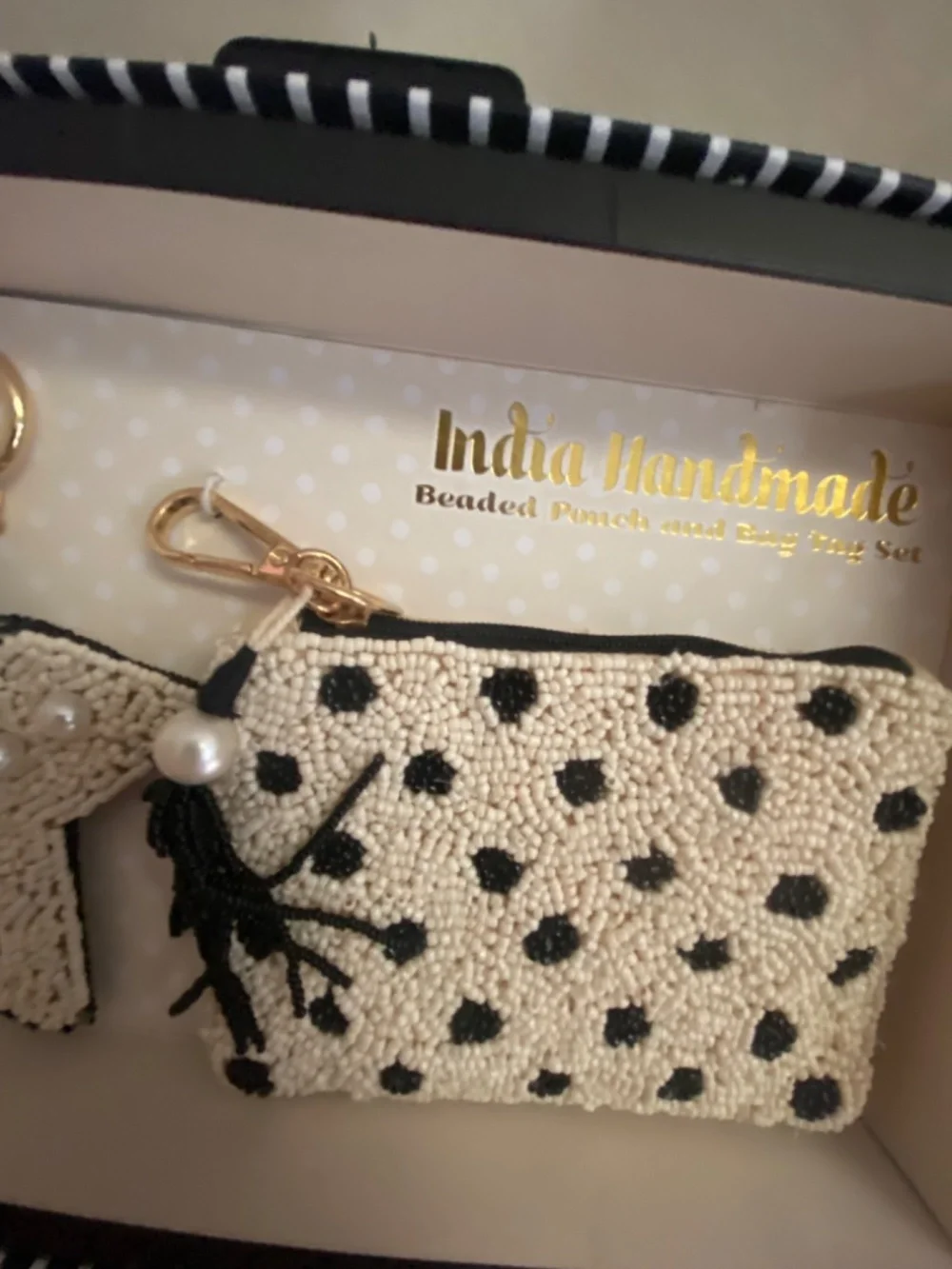 NIB India Handmade Beaded Pouch and Bag Tag Set Polka Dot 